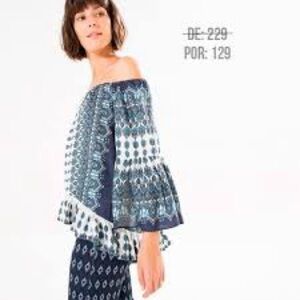 Anthropologie Farm Rio Flowy Off Shoulder Boho Blue/white Print Ruffled Blouse